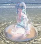  blue_hair brown_eyes collarbone detached_sleeves expressionless jellyfish long_hair long_sleeves moai_(aoh) on_ground original personification sitting solo water waves wet 