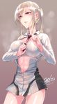  abs alternate_eye_color blonde_hair blush breasts dated graf_zeppelin_(kantai_collection) hair_between_eyes highres kantai_collection large_breasts lips long_hair long_sleeves necktie ninomiya_hitomi no_gloves no_pants purple_eyes signature solo steam sweat twintails undressing zipper 