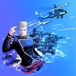  ah-64_apache aircraft apple_hoppe bad_company_(stand) bad_id bad_pixiv_id belt blonde_hair blue_eyes braid earrings gakuran gun hand_in_pocket helicopter highres jewelry jojo_no_kimyou_na_bouken male_focus nijimura_keichou pose rifle school_uniform single_braid smile stand_(jojo) upper_body weapon 