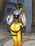  animated animated_gif ass ass_shake bouncing breasts brown_hair gif goggles huge_ass jiggle leaning_forward looking_at_viewer looking_back overwatch short_hair skindentation smile solo tracer_(overwatch) 