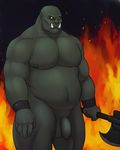  2013 axe balls biceps big_muscles burning fire hi_res humanoid male melee_weapon musclechub musclegut muscular nipples not_furry nude orc pecs penis slightly_chubby solo standing tusks vamplust weapon wristband yellow_eyes 