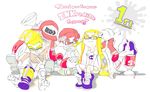  3girls anniversary annoyed arms_around_neck baseball_cap beanie bike_shorts blonde_hair commentary_request crossed_legs dark_skin domino_mask english eyebrows fangs hat hat_over_eyes highres hug hug_from_behind inkling inoue_seita l-3_nozzlenose_(splatoon) legs_up long_hair looking_at_viewer mask multiple_boys multiple_girls official_art ponytail red_hair shoes shoes_removed short_hair sitting smile sneakers splatoon_(series) splatoon_1 sploosh-o-matic_(splatoon) suction_bomb_(splatoon) tentacle_hair thick_eyebrows traditional_media 