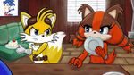  2boys animal_ears cake couch furry giggles mametora_(artist) miles_prower multiple_boys plate sega sonic sonic_the_hedgehog sticks_the_badger table tail 