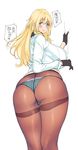  ass atago_(kantai_collection) back black_gloves blonde_hair blue_eyes blue_panties breasts crotch_seam gloves kantai_collection large_breasts long_hair looking_at_viewer panties panties_under_pantyhose pantyhose solo sowitchraw_(cellphiena) thighband_pantyhose translation_request underwear 