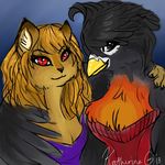  2016 anthro avian beak bird black_eyes black_feathers blue_background breasts brown_fur brown_hair canine cat cleavage clothed clothing duo feathers feline female fox fur hair hybrid inner_ear_fluff luminosion mammal orange_feathers red_eyes simple_background sweater 