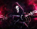  artist_name black_jacket coat dated gun handgun highres holding holding_weapon hood hooded_jacket jacket looking_at_viewer male_focus mask nicholas_wong overwatch reaper_(overwatch) red_eyes signature solo trench_coat upper_body weapon 