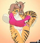  anthro bagelcollector breasts clothed clothing eyewear feline female glasses mammal mature_female navel panties pink_panties simple_background smile solo standing striped_tail stripes tiger underwear wide_hips 