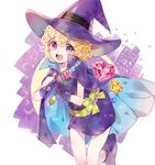  :d blonde_hair blush boots bow building cape crescent crystal dress gloves green_bow green_ribbon hat heart holding holding_wand jikgu mieux_vanilla open_mouth purple_dress purple_eyes purple_footwear purple_gloves ribbon smile solo sparkle sugar_sugar_rune wand white_background witch_hat 