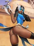  aqua_nails ass black_hair black_legwear breasts covered_nipples cyborg forehead_jewel gun headgear highres large_breasts lips long_hair mavezar mechanical_arm nail_polish no_panties nose overwatch pussy soft_focus solo symmetra_(overwatch) thighhighs thighs visor weapon 