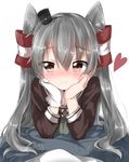  :o amatsukaze_(kantai_collection) bangs black_hat blush brown_eyes brown_shirt closed_mouth cravat dress eyebrows eyebrows_visible_through_hair gloves grey_hair hair_between_eyes hair_tubes hairband hands_on_own_cheeks hands_on_own_face hat head_rest headgear heart highres kantai_collection lifebuoy long_hair long_sleeves looking_at_viewer lying pentagon_(railgun_ky1206) sailor_dress shirt silver_hair simple_background single_glove smile solo striped two_side_up upper_body white_background white_gloves windsock 
