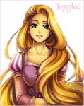  blonde_hair collarbone copyright_name disney dress elena_ivlyushkina green_eyes long_hair pink_dress rapunzel_(disney) signature smile solo star tangled upper_body 