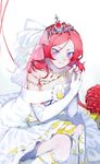  bad_id bad_pixiv_id bridal_veil dress elbow_gloves flower gloves highres hoshimawa looking_at_viewer love_live! love_live!_school_idol_festival love_live!_school_idol_project nishikino_maki purple_eyes red_hair short_hair skirt smile solo tiara veil wedding wedding_dress 