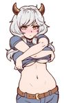  akairiot bad_id bad_tumblr_id belt blush breasts camieux draph granblue_fantasy horns large_breasts long_hair looking_at_viewer low_twintails navel no_bra pants shirt_lift silver_hair solo twintails underboob undressing yellow_eyes 