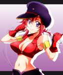  bakuretsu_hunters black_hat breasts chocolate_misu cleavage cowboy_shot gloves hat large_breasts looking_at_viewer masako_(sabotage-mode) midriff mizutani_yuuko navel purple_background purple_eyes red_gloves red_hair red_shirt shirt short_hair sleeveless sleeveless_shirt smile solo 