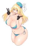  :d ass atago_(kantai_collection) beret bikini black_gloves blonde_hair blue_bikini blue_eyes blush breasts cleavage covered_nipples gloves hat kantai_collection large_breasts long_hair looking_at_viewer navel open_mouth simple_background smile solo sowitchraw_(cellphiena) sweatdrop swimsuit translation_request v white_background 