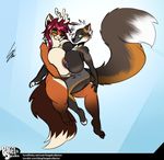  2016 abstract_background anthro antlers areola bagelcollector big_breasts breast_squish breasts breasts_frottage canine cervine chest_tuft deer dipstick_tail duo female female/female fox half-closed_eyes horn huge_breasts hybrid interspecies looking_at_viewer mammal multicolored_tail nipples nude simple_background skunk slightly_chubby smile tuft 