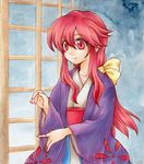  bow hair_bow io_(maryann_blue) japanese_clothes key kimono kotohime obi red_eyes red_hair sash solo touhou touhou_(pc-98) 