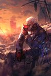  blood blood_on_face boots building dated debris ein_lee gloves gun jacket long_sleeves male_focus mask mask_removed overwatch signature sitting soldier:_76_(overwatch) solo stone weapon white_hair 