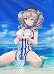  adapted_costume barefoot beret blue_eyes body_blush breasts cleavage cloud day hat highres holding kantai_collection kashima_(kantai_collection) kneeling large_breasts lawson long_hair looking_at_viewer miyabi_(miyabi_r18) partially_submerged pelvic_curtain shiny shiny_skin silver_hair sky sleeveless smile solo striped sunlight twintails vertical_stripes water 