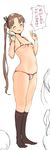 ayanami_(kantai_collection) bikini black_gloves blush breasts brown_hair double_v gloves kantai_collection kneehighs micro_bikini navel ponytail small_breasts smile solo sowitchraw_(cellphiena) swimsuit translation_request v 