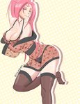  amputee baiken banned_artist black_panties bra breasts cleavage commentary_request dejaguar guilty_gear japanese_clothes kimono large_breasts long_hair off_shoulder one-eyed panties pink_eyes pink_hair polka_dot polka_dot_background ponytail scar scar_across_eye see-through short_kimono smile solo standing standing_on_one_leg straw_(stalk) thighhighs underwear zettai_ryouiki 
