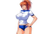  arms_up azuma_kamimura bikini black_bikini breasts cara_the_blood_lord censored denim erect_nipples grin groin hand_on_hips jeans kagami_hirotaka large_breasts lilith-soft long_hair looking_at_viewer one_eye_closed open_shirt orange_hair pants photoshop posing purple_eyes shirt smile solo swimsuit 