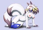  big_breasts blush breasts canine female fox grey_background mammal mostly_nude multi_tail nipples nude open_mouth simple_background solo tailzkim tongue 