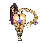  anthro bagelcollector balls bent_over bulge butt clothed clothing crossdressing feline girly hair long_hair looking_at_viewer looking_back male mammal panties simple_background solo striped_tail stripes tiger underwear white_background 