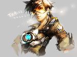  bad_id bad_twitter_id bangs bomber_jacket brown_hair brown_jacket character_name emblem goggles harness jacket leather leather_jacket light_smile lips lipstick looking_at_viewer makeup overwatch short_hair sleeves_rolled_up smile solo spiked_hair tracer_(overwatch) upper_body 