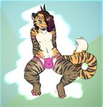  anthro bagelcollector bulge clothed clothing crossdressing feline girly hair hair_over_eye legwear male mammal navel nipples panties simple_background smile solo spread_legs spreading stockings striped_tail stripes thick_thighs tiger topless underwear 