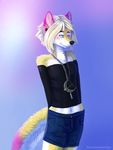  2016 anthro atsuko_(amethyst-heart) bare_shoulders black_nose bloodsoakedsnow blue_eyes blush breasts canine chain clothed clothing dipstick_tail ear_piercing eyebrows female freckles fully_clothed fur gradient_background hair half-closed_eyes inner_ear_fluff jewelry looking_away mammal multicolored_tail navel necklace piercing pink_tail portrait short short_hair simple_background small_breasts smile solo standing three-quarter_portrait white_fur white_hair white_tail yellow_fur yellow_tail 