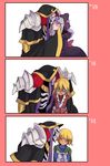  2girls ainz_ooal_gown aura_bella_fiora blonde_hair blue_eyes blush dark_elf dark_skin eyes_closed forehead_kiss gloves green_eyes hood jacket mare_bello_fiore masiro_(artist) multiple_boys multiple_girls overlord_(maruyama) purple_hair red_eyes ribbon robe shalltear_bloodfallen skeleton vampire 