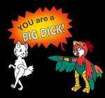  2016 avian avian_(starbound) beak bird canine chicken clothed clothing cosplay costume cute dialogue duo feathers featureless_crotch fur khramchee maladash male mammal pointing red_feathers simple_background starbound text tongue video_games white_fur word_art 
