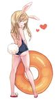  adcd animal_ears ass blonde_hair blue_eyes bunny_ears bunny_tail elin_(tera) from_behind full_body heart innertube long_hair looking_back one-piece_swimsuit open_mouth sandals simple_background solo swimsuit tail tera_online white_background 