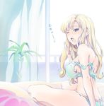  ;o arm_at_side arms_up bare_arms bare_legs bare_shoulders bed bed_sheet blonde_hair blue_bra blue_eyes blue_panties blush bra breasts butt_crack covered_nipples curtains granblue_fantasy highres indoors large_breasts long_hair looking_at_viewer nokinhizadati off_shoulder on_bed one_eye_closed open_mouth panties plant potted_plant sideboob sitting solo spread_legs strap_slip teardrop text_focus translation_request underwear underwear_only waking_up window yawning zeta_(granblue_fantasy) 