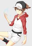  baseball_cap brown_eyes brown_hair electricity hat highres hood hooded_jacket jack-barro jacket misaka_mikoto ponytail short_hair solo to_aru_kagaku_no_railgun to_aru_majutsu_no_index 