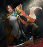  absurdres armor blue_eyes c-tree fiora_laurent gauntlets highres indoors league_of_legends lips multicolored_hair pauldrons petals solo sword two-tone_hair weapon 