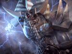  clenched_hands commentary duel_monster electricity horns no_humans obelisk_the_tormentor red_eyes shoulder_spikes solo spikes suranaki teeth upper_body yu-gi-oh! yu-gi-oh!_the_dark_side_of_dimensions 