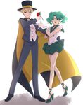  alternate_hairstyle bishoujo_senshi_sailor_moon blonde_hair blue_eyes blurry cape choker circlet cosplay crossdressing earrings flower gloves green_eyes green_hair green_skirt hat high_heels hiki-wota holding holding_flower jewelry kaiou_michiru miniskirt multiple_girls open_mouth rose sailor_collar sailor_neptune sailor_senshi_uniform short_hair skirt strappy_heels ten'ou_haruka top_hat tsuki_ni_kawatte_oshioki_yo tuxedo_kamen tuxedo_kamen_(cosplay) twintails very_short_hair vest white_gloves 