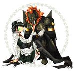  am_(blackant) beard black_hair clover corset crossdressing dagda facial_hair flower_eyepatch four-leaf_clover gothic_lolita lolita_fashion multiple_boys nanashi_(shin_megami_tensei_iv_final) orange_hair otoko_no_ko scar scarf shin_megami_tensei shin_megami_tensei_iv shin_megami_tensei_iv_final sitting squatting tattoo 