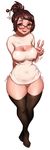  banned_artist beads bikini black_legwear breasts brown_eyes brown_hair covered_nipples curvy glasses hair_bun hair_ornament hair_stick highres huge_breasts mei_(overwatch) meme_attire no_pants open-chest_sweater otto overwatch red-framed_eyewear short_hair side-tie_bikini simple_background solo sweater swimsuit thick_thighs thighhighs thighs tied_hair white_background wide_hips 