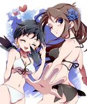  ass atom_(@tom) big_breasts bikini blue_(pokemon) blue_eyes blue_hair breasts brown_hair crystal_(pokemon) dark_blue_hair eyes_closed large_breasts multiple_girls one_eye_closed pokemon pokemon_special side-tie_bikini sky spoken_heart 