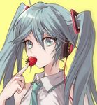  aqua_eyes aqua_hair bare_shoulders commentary_request eating food fruit green_nails green_neckwear hatsune_miku headphones highres long_hair looking_at_viewer maruchi nail_polish necktie portrait sleeveless solo strawberry twintails vocaloid yellow_background 