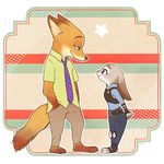  1girl arms_behind_back ayu_(mog) bunny fox full_body furry half-closed_eyes hands_in_pockets height_difference judy_hopps necktie nick_wilde police police_uniform profile smile standing star uniform zootopia 