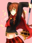  absurdres akademeia_uniform blush braid brown_hair capelet character_name cinque_(fft-0) drill_hair final_fantasy final_fantasy_type-0 flower green_eyes highres long_hair mace midriff navel pink_background school_uniform simple_background skirt solo weapon yuunan 