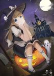  apron blonde_hair blue_eyes broom castle cha_jun chin_rest dated dutch_angle full_moon ghost grave halloween hat highres jack-o'-lantern kirisame_marisa knees_together_feet_apart mary_janes moon night night_sky shoes shooting_star signature sitting sky smile socks solo star star-shaped_pupils symbol-shaped_pupils touhou waist_apron witch_hat 