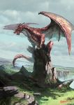  claws cloud cloudy_sky commentary day dragon fantasy grass highres horns landscape miso_katsu monster no_humans original river rock scenery sky tail teeth translation_request twitter_username water waterfall wings 