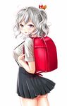  :d ass backpack bag black_skirt blue_eyes blush bow breasts cosplay cowboy_shot from_behind hair_bow jpeg_artifacts kantai_collection kashima_(kantai_collection) kasumi_(kantai_collection) kasumi_(kantai_collection)_(cosplay) large_breasts looking_at_viewer looking_back open_mouth over_shoulder pleated_skirt school_bag shirt short_hair short_sleeves short_twintails silver_hair simple_background skirt smile solo standing strap_gap suspender_skirt suspenders twintails u0709 wavy_hair white_background white_shirt 