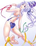  :d adapted_costume alternate_costume arm_ribbon ass back bangs barefoot black_ribbon competition_swimsuit feet from_behind gradient gradient_background green_ribbon grey_hair hair_ribbon hat leg_ribbon legs_apart long_hair looking_back mendou_saya mononobe_no_futo one-piece_swimsuit open_mouth ponytail red_ribbon ribbon silver_hair smile soles solo swimsuit tate_eboshi toe_scrunch toes touhou very_long_hair white_background yellow_ribbon 