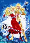  blonde_hair cape dancing deroa_tephi dress dual_persona fish flower flower_in_mouth gold_armor gold_saint gradient_hair high_heels jobo_(isi88) long_hair mole mole_under_eye mouth_hold multicolored_hair pisces_aphrodite red_dress red_flower red_rose rose saint_seiya 